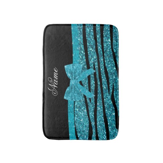 Aangepaste naam turquoise glitter zebra stripes badmat (Voorkant Verticaal)