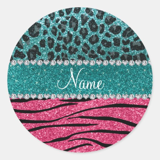 Aangepaste naam turquoise leopard roze glitter zeb ronde sticker (Voorkant)