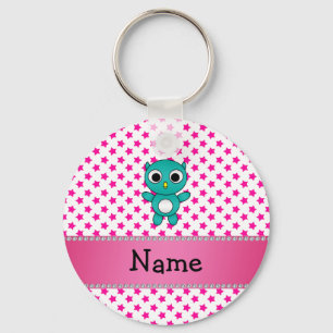 Aangepaste naam turquoise owl roze sterren sleutelhanger