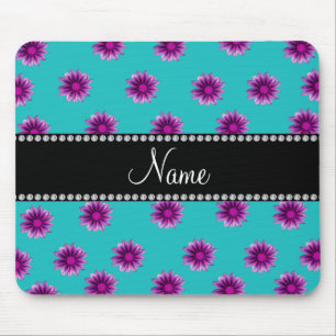 Aangepaste naam turquoise paarse roze bloemen muismat