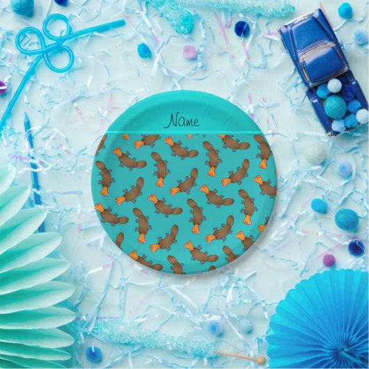 Aangepaste naam turquoise platypus patroon papieren bordje (Feest)