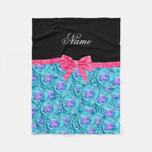 Aangepaste naam turquoise rozen roze glitter bow fleece deken (Voorkant)