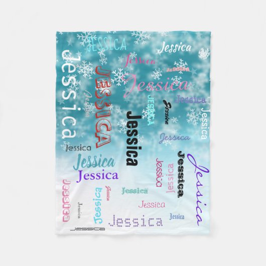 Aangepaste naam Typografie Aqua Blue Snowflakes Fleece Deken (Voorkant)