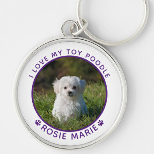 Aangepaste naam van knuffel hond met paarse pootaf sleutelhanger