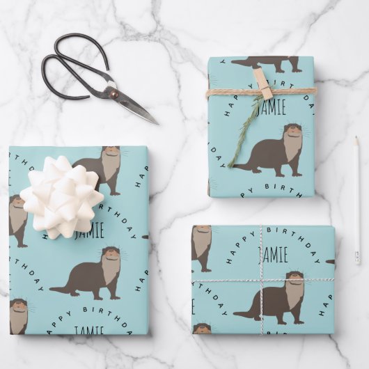 Aangepaste naam van Otter Pattern Birthday Inpakpapier Vel (Voorkant)