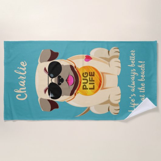 Aangepaste naam van pug Life en tekst strandhanddo Strandlaken (Voorkant)