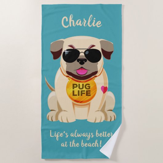 Aangepaste naam van pug Life en tekst strandhanddo Strandlaken (Voorkant)