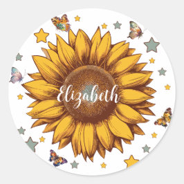 Aangepaste naam voor meisje retro zonnebloem cadea ronde sticker