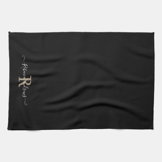 Aangepaste naam voor Modern Black Monogram Script- Theedoek (Horizontaal)