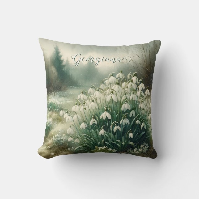 Aangepaste Naam  Waterverf Bloemen Sneeuwklokjes Kussen (Voorkant)