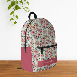 Aangepaste Naam Waterverf Elegante Bloemen Bedrukte Rugzak
