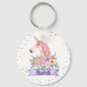 Aangepaste naam Waterverf Flower Unicorn Meisje Sleutelhanger (Voorkant)