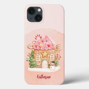 Aangepaste naam Waterverf Peach Gingerbread House iPhone 13 Hoesje