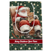 Aangepaste Naam Waterverf Santa Claus Gift Bag Medium Cadeauzakje (Voorkant)