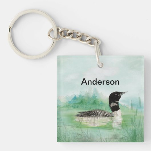 Aangepaste Naam Waterverf Schilderij Loon Bird Lak Sleutelhanger (voorkant)