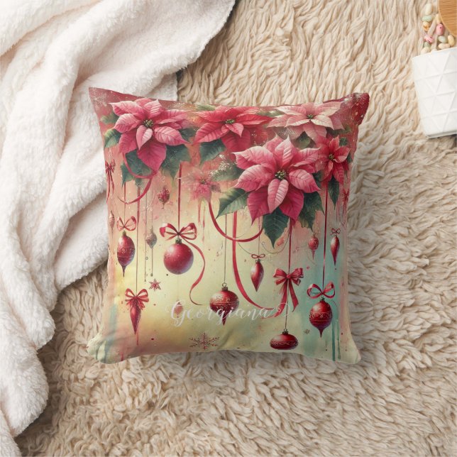 Aangepaste naam Whimsical Poinsettia Christmas Bau Kussen (Deken)