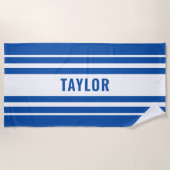 Aangepaste Naam Wit & Blauw Gestreepte huwelijksre Strandlaken (Voorkant)