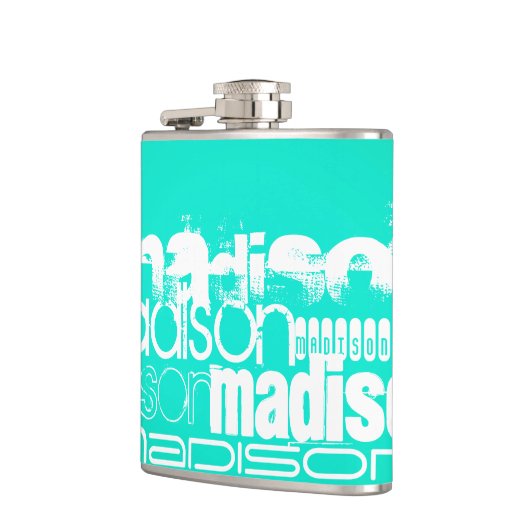 Aangepaste Naam, Wit en Neon Aqua Turquoise Heupfles (Links)