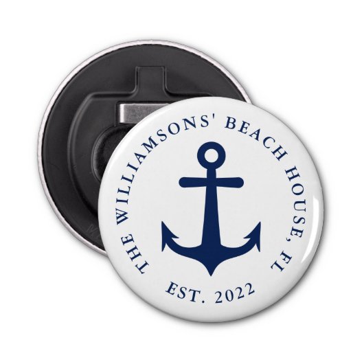 Aangepaste naam Witte marine Blauw Anchor Nautical Button Flesopener (Voorkant)