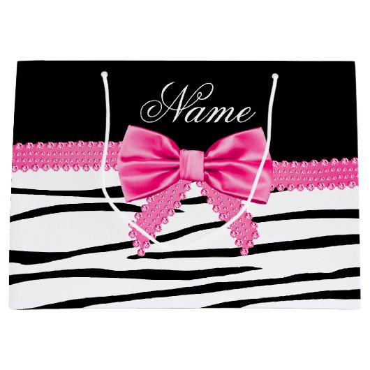 Aangepaste naam zebra gestreepte roze boog large cadeautasje (Voorkant)