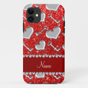 Aangepaste naam zilveren hartensleutels neonrood g iPhone 11 hoesje