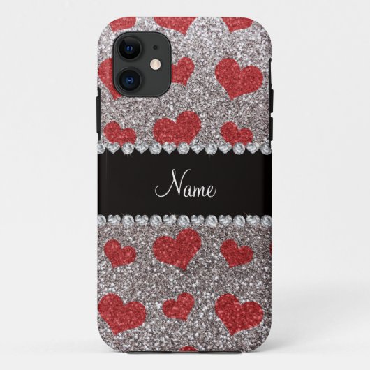 Aangepaste naam zilverglitter rode harten Case-Mate iPhone case (Achterkant)