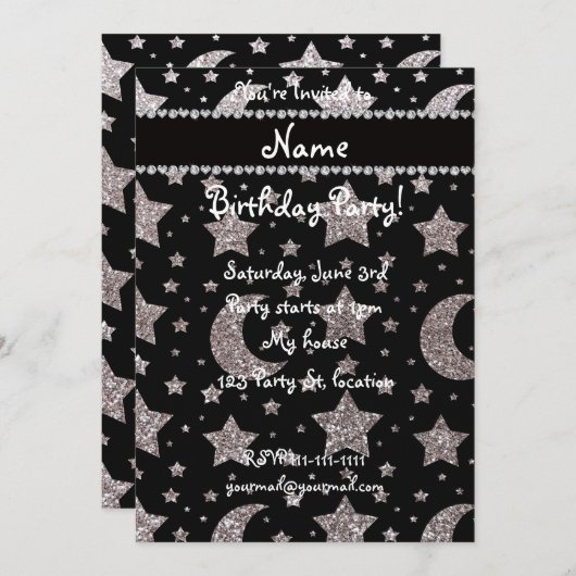 Aangepaste naam: zilverglitter sterren en manen kaart (Voorkant / Achterkant)