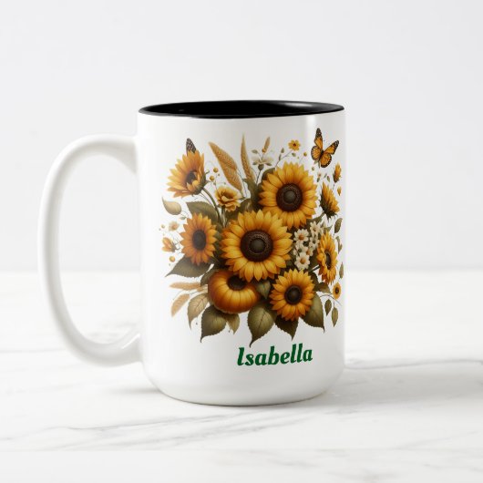 Aangepaste naam, zonnebloemen Two-Tone koffie Mok, Tweekleurige Koffiemok (Links)