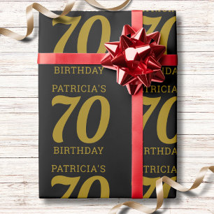 Aangepaste naam zwart en goud tekst 70ste verjaard cadeaupapier