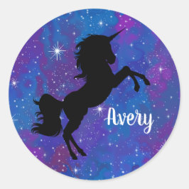 Aangepaste naam Zwart/Paarse Galaxy Eenhoorn Stick Ronde Sticker