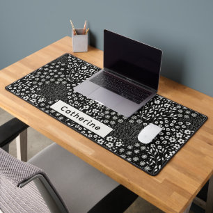 Aangepaste Naam Zwart Wit Bloemen Granny Chic Kant Bureaumat