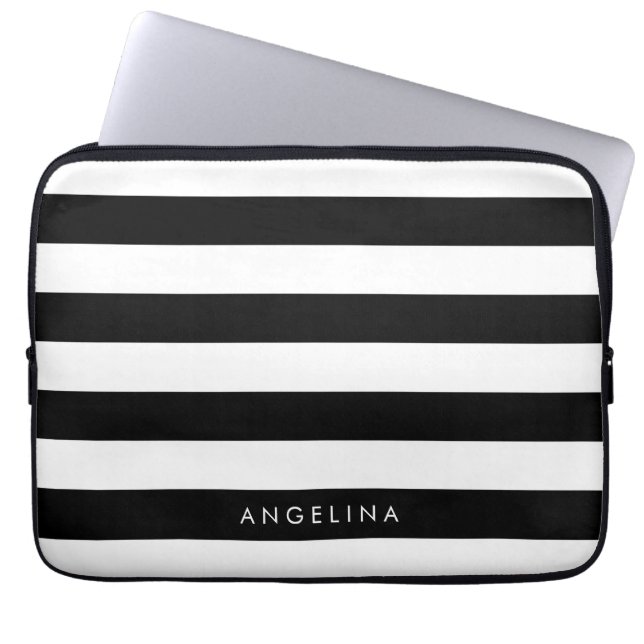 Aangepaste naam zwart-wit Striped Patroon Laptop Sleeve (Voorkant)