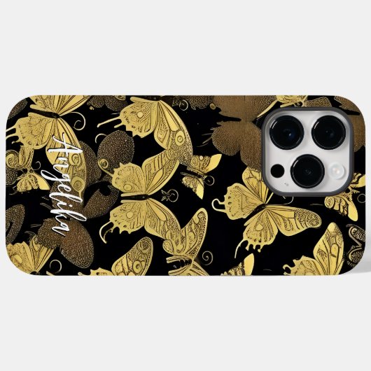 Aangepaste naam zwarte en goudvlinder Case-Mate iPhone case (Achterkant (horizontaal))