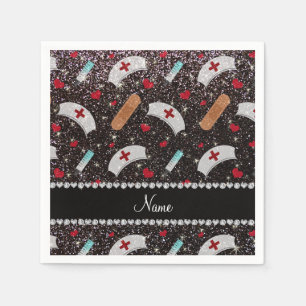 Aangepaste naam zwarte glitter verpleegster pet ha servetten