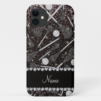 Aangepaste naam zwarte glitterlacrosse sticks iPhone 11 hoesje