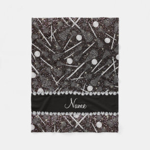 Aangepaste naam zwarte glitterlacrosse sticks fleece deken