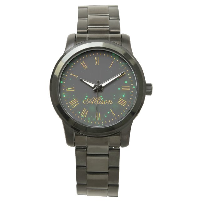 Aangepaste naam zwarte groene keh lampjes elegant horloge (Voorkant)