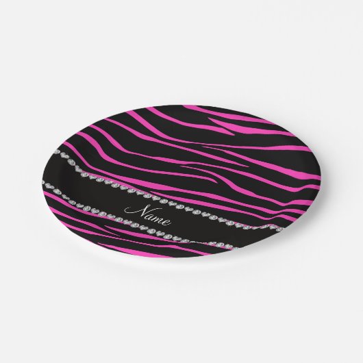 Aangepaste naam zwarte roze zebrastrepen papieren bordje (Gekanteld)