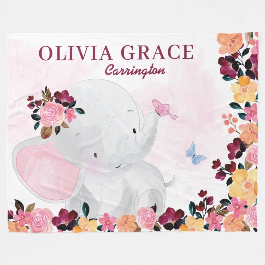 Aangepaste naamgreep met ellefant + bloemen fleece deken (Voorkant (Horizontaal))