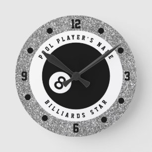 Aangepaste nama zilver glitter pool biljart ronde klok
