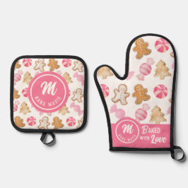 Aangepaste Nana Monogram Roze Suikerpruimen & Ging Ovenwant & Pannenlap Set
