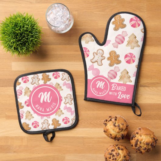 Aangepaste Nana Monogram Roze Suikerpruimen & Ging Ovenwant & Pannenlap Set (Top down)