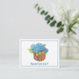 Aangepaste Nantucket Basket Blauwe Hortensia's Dan Notitiekaartje