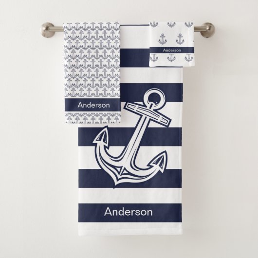 Aangepaste Nautical Anchor Bathroom Navy Blue stre Bad Handdoek (Insitu)