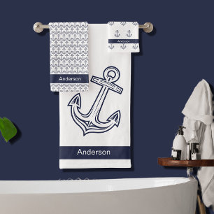 Aangepaste Nautical Anchor Bathroom White Navy Blu Bad Handdoek