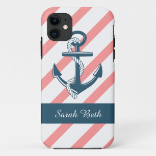 Aangepaste Nautical, Blue Anchor & Roos Stripes iPhone 11 Hoesje