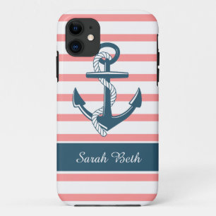 Aangepaste Nautical, Blue Anchor & Roos Stripes iPhone 11 Hoesje