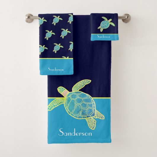Aangepaste Nautical Coastal Zee Turtle Blauwgroen  Bad Handdoek (Insitu)