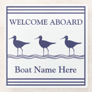 Aangepaste Nautical Navy Blue SEABIRDS Boat Name Glazen Onderzetter