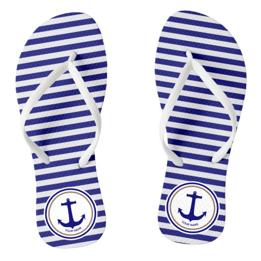 Aangepaste Nautical Navy Blue Stripes en Anchor Teenslippers (Voetbed)